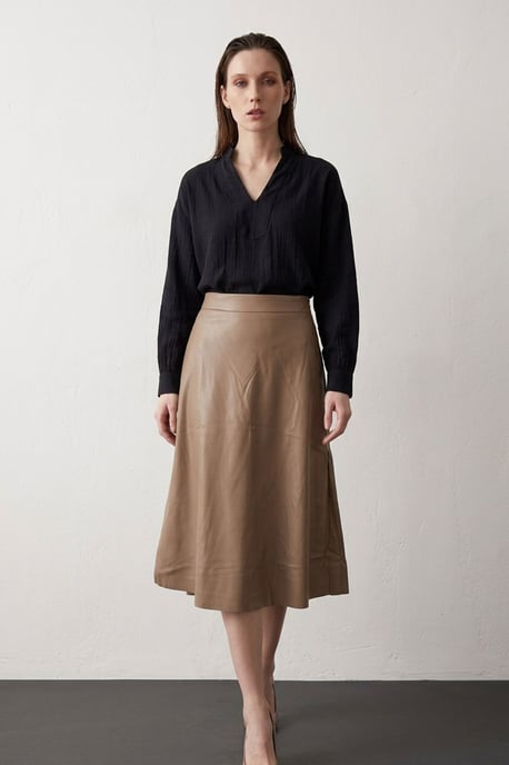 High-Waist Midi A-Line Faux Leather Skirt - Image 1