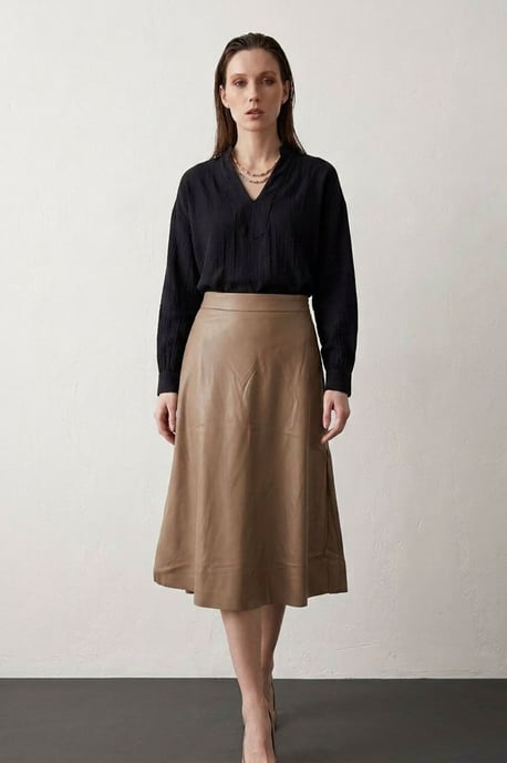 High-Waist Midi A-Line Faux Leather Skirt - Image 6