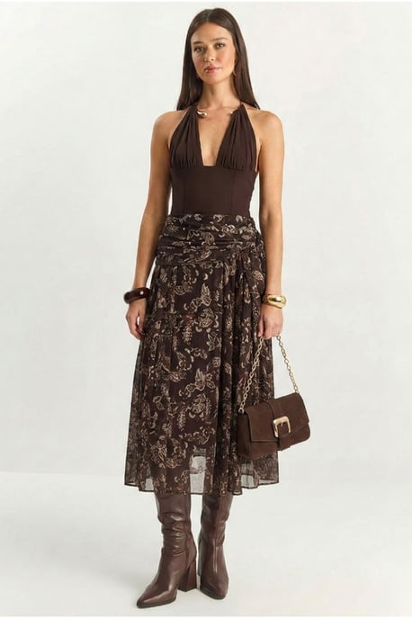 Etnische Print Chiffon Blouse en Midi Rok Set - Image 3
