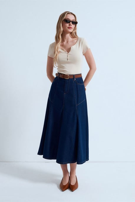 Hoge Taille Midi A-Lijn Denim Rok - Image 1