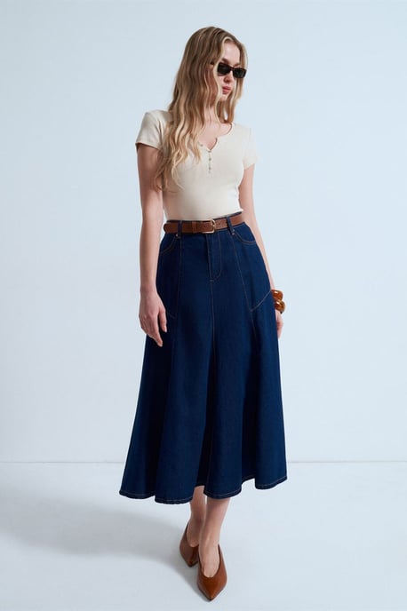 Hoge Taille Midi A-Lijn Denim Rok - Image 4