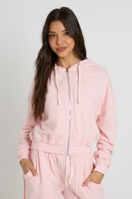 Washed Loopback Distressed Cropped Zip Through Hoodie - Image 1