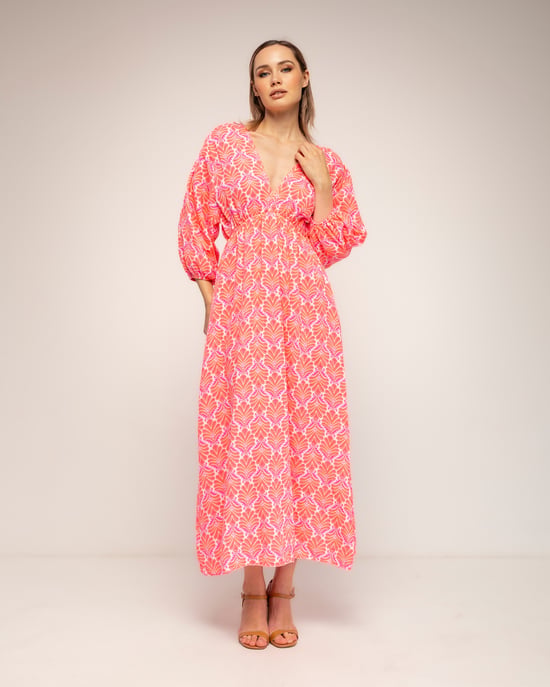 Geprinte jurk met elastische taille, V-hals en V-rug en vetersluiting - Image 2