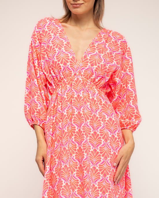 Geprinte jurk met elastische taille, V-hals en V-rug en vetersluiting - Image 4