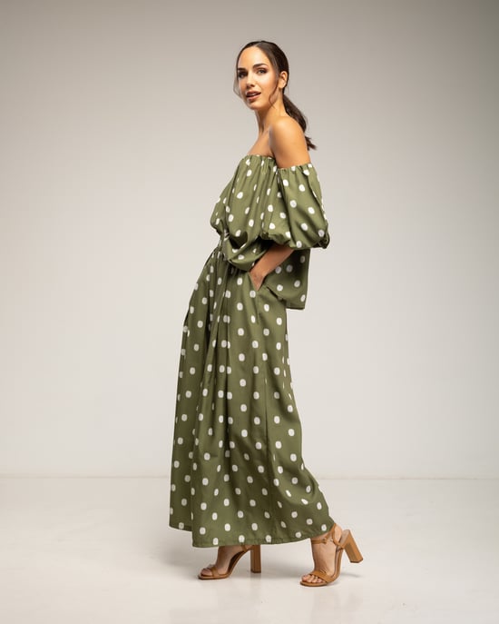 Set van stippenbroek en top, top met elastische boothals en wijde broek met zakken - Image 2