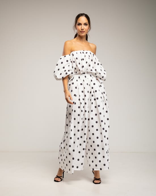 Set van stippenbroek en top, top met elastische boothals en wijde broek met zakken - Image 4