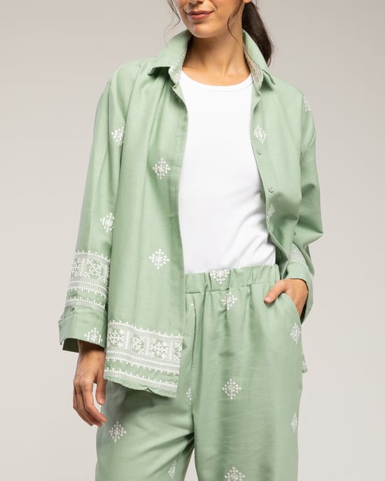 Set van geborduurd overhemd en broek, met elastische taille en zakken - Image 4