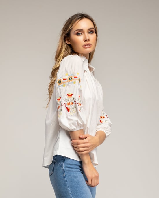 Blouse met lantaarnmouwen, geborduurde bloemen en een ajourdetail - Image 3
