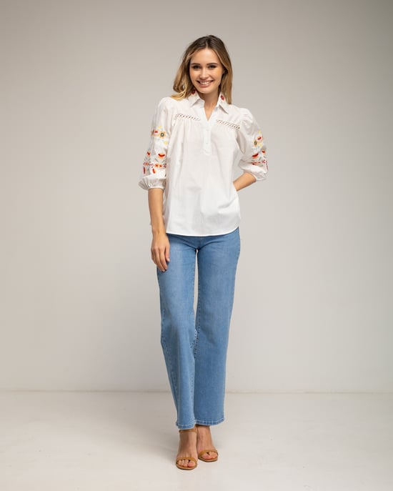 Blouse met lantaarnmouwen, geborduurde bloemen en een ajourdetail - Image 4