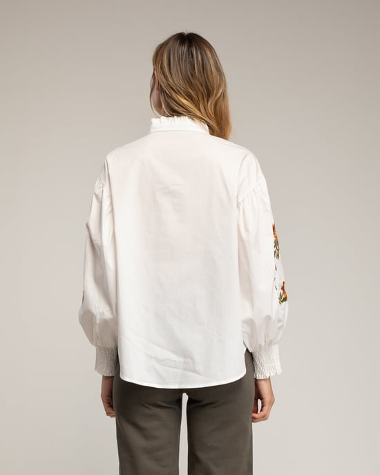 Shirt with mandarin collar, ruffles on the sleeves, embroidery, and elastic cuffs  - Image 2