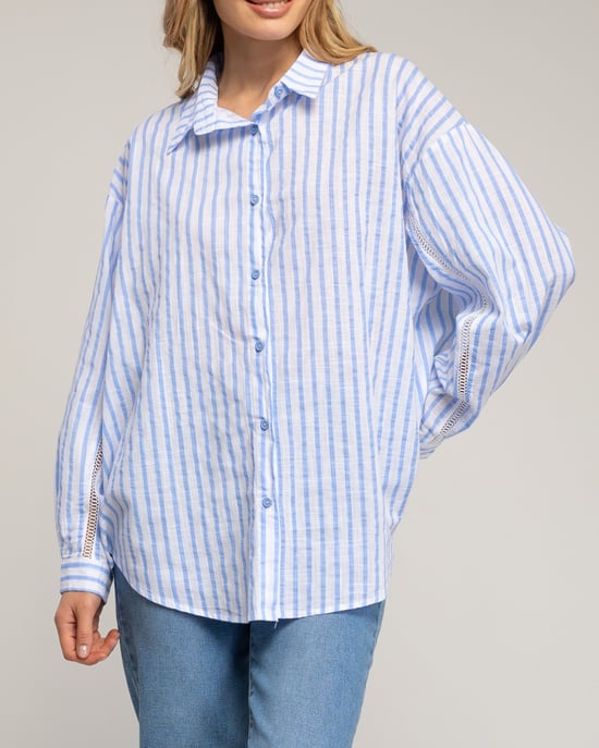 Losvallende gestreepte blouse met geschulpte rand aan de mouw - Image 3