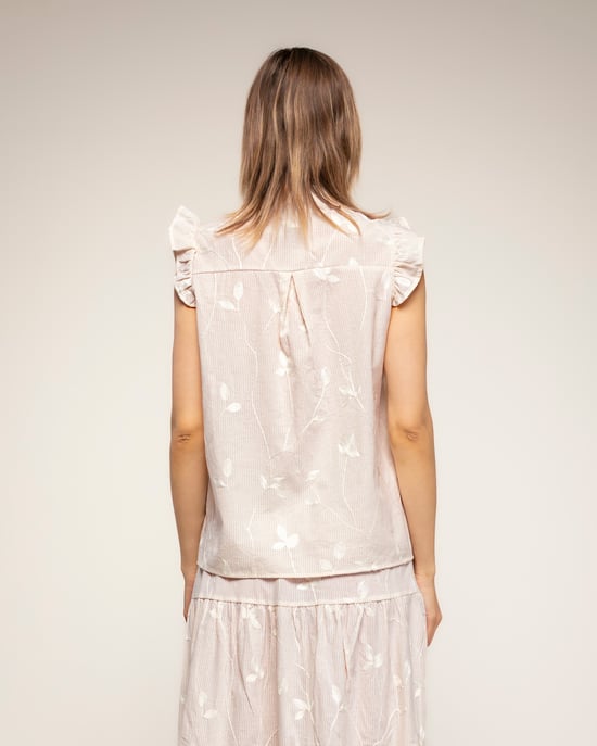 Gestreepte blouse met borduursels en kantdetail met ruches aan de mouwen - Image 2