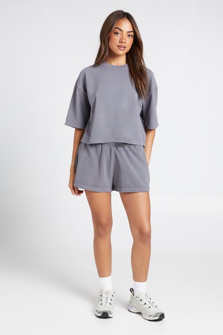 Washed Cropped Boxy T-shirt And Sweat Short Set - Image 1