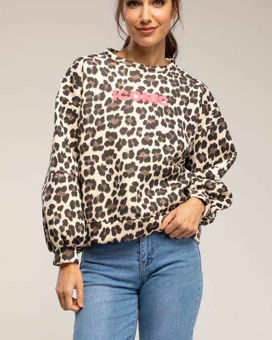 Sweatshirt met dierenprint en de tekst 'iconic' in neonkleur. - Image 3