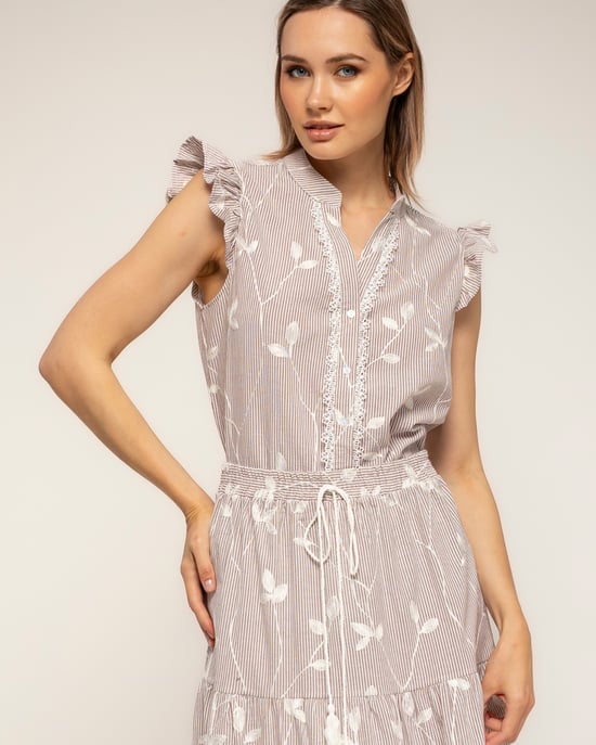 Gestreepte blouse met borduursels en kantdetail met ruches aan de mouwen - Image 3