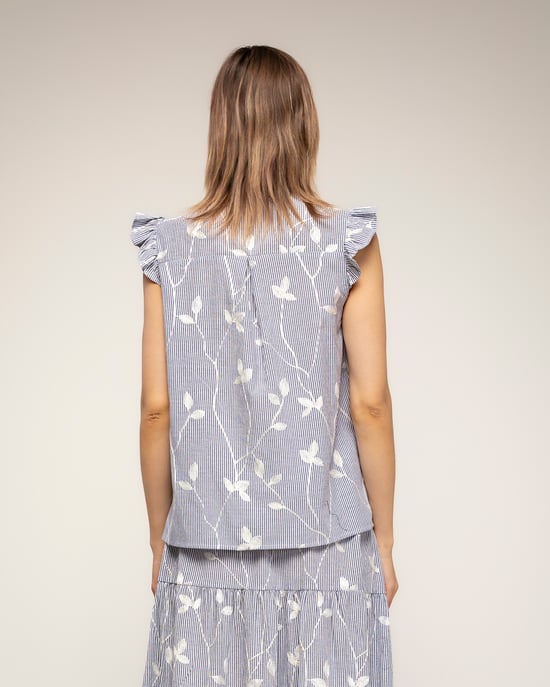 Gestreepte blouse met borduursels en kantdetail met ruches aan de mouwen - Image 2