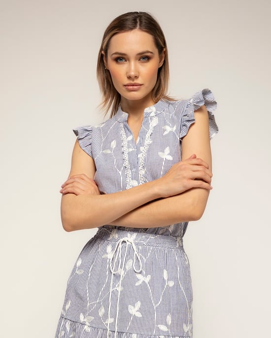 Gestreepte blouse met borduursels en kantdetail met ruches aan de mouwen - Image 3