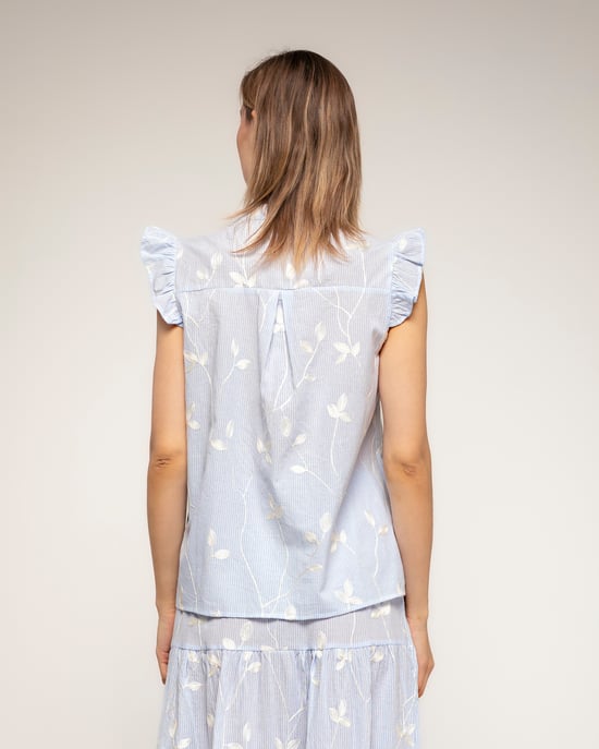 Gestreepte blouse met borduursels en kantdetail met ruches aan de mouwen - Image 2