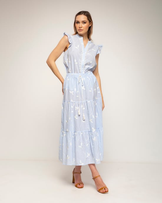 Gestreepte blouse met borduursels en kantdetail met ruches aan de mouwen - Image 4