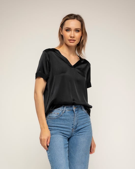 T-shirt met korte mouwen en V-hals van zijde - Image 1