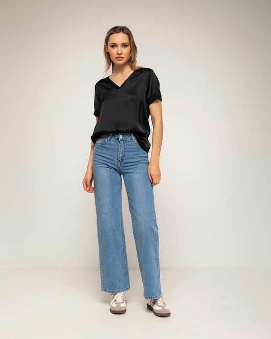 T-shirt met korte mouwen en V-hals van zijde - Image 4