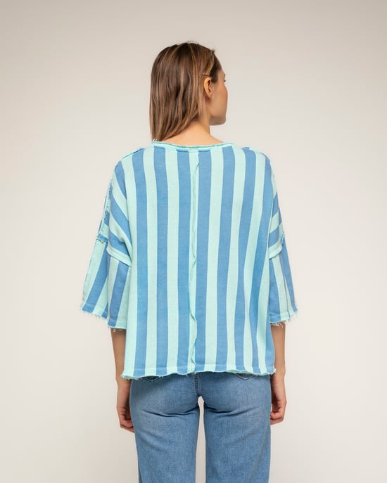 Gestreepte sweatshirt met korte mouwen, zakken en gerafelde afwerking - Image 2
