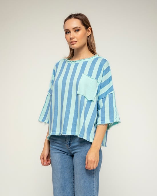 Gestreepte sweatshirt met korte mouwen, zakken en gerafelde afwerking - Image 3