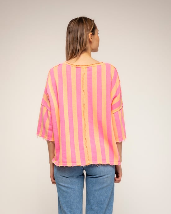 Gestreepte sweatshirt met korte mouwen, zakken en gerafelde afwerking - Image 2