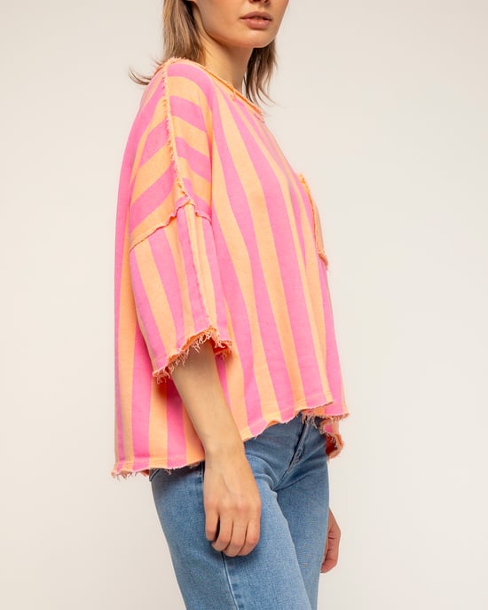 Gestreepte sweatshirt met korte mouwen, zakken en gerafelde afwerking - Image 3