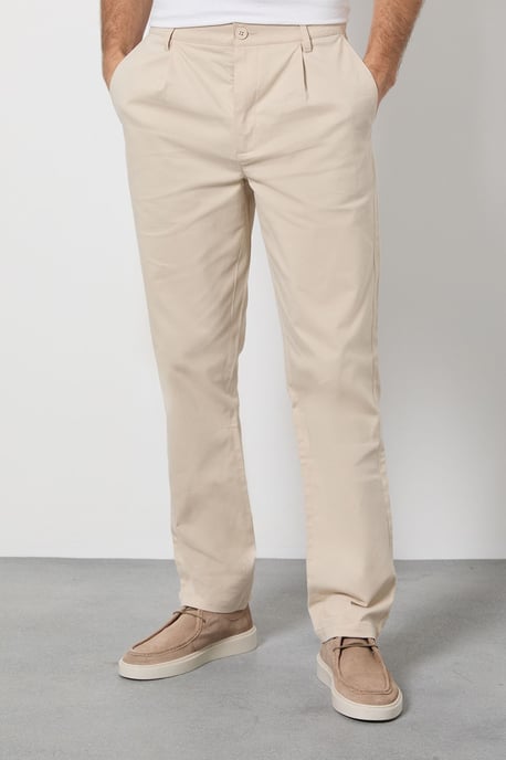 Beige Pleat Front Straight Fit Chino Trousers - Image 2