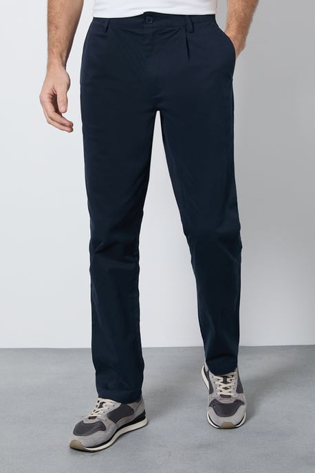Navy Pleat Front Straight Fit Chino Trousers - Image 2