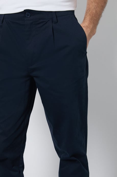 Navy Pleat Front Straight Fit Chino Trousers - Image 4
