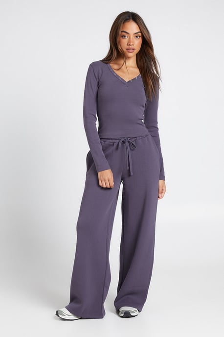 Button Detail Long Sleeve Top And Straight Leg Jogger Tracksuit - Image 1