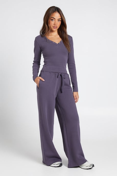 Button Detail Long Sleeve Top And Straight Leg Jogger Tracksuit - Image 3