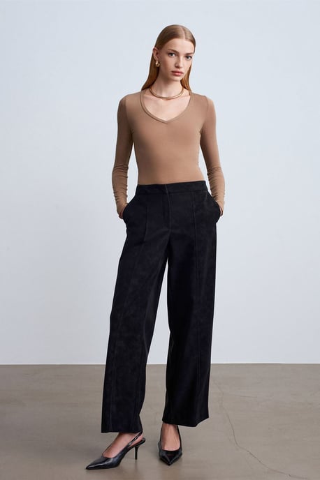 Hoge taille wijde broek van faux suede - Image 4