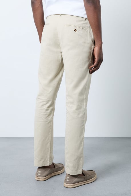 Stone Cotton Linen Slim Fit Trousers - Image 3