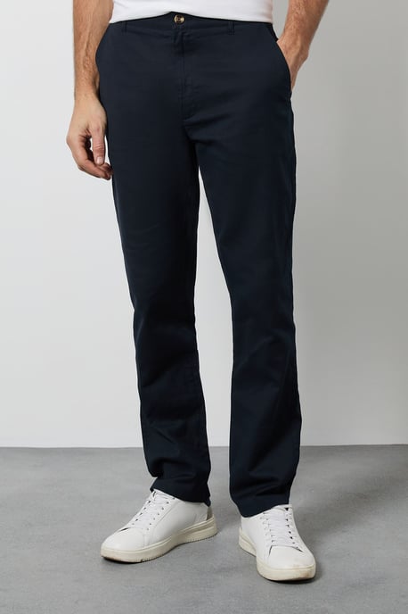 Navy Cotton Linen Slim Fit Trousers - Image 2