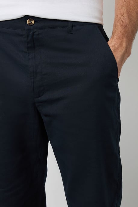 Navy Cotton Linen Slim Fit Trousers - Image 4