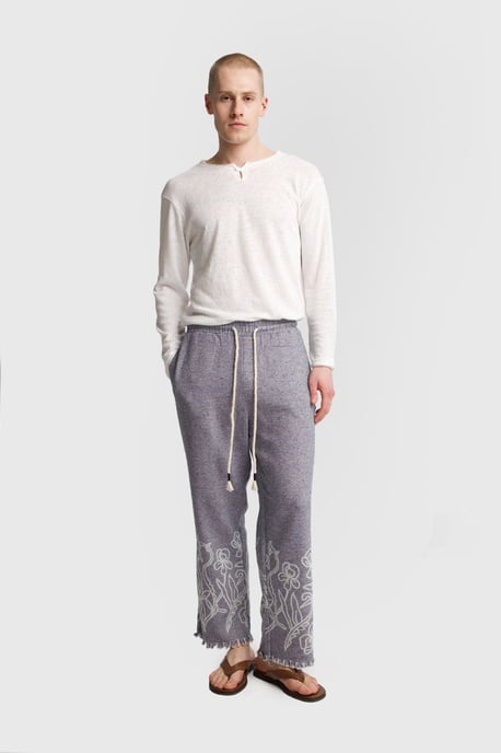 Heren Katoenen Geborduurde Brei Wijde Pantalons - Image 1