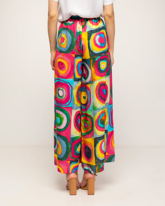 Veelkleurige geprinte pantalon met plooien, zakken, elastische taille aan de achterkant en een omslag - Image 3