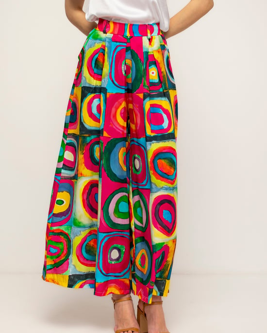 Veelkleurige geprinte pantalon met plooien, zakken, elastische taille aan de achterkant en een omslag - Image 4