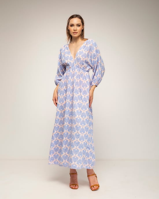 Geprinte jurk met elastische taille, V-hals en V-rug en vetersluiting - Image 1