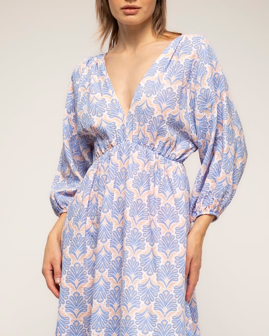 Geprinte jurk met elastische taille, V-hals en V-rug en vetersluiting - Image 4
