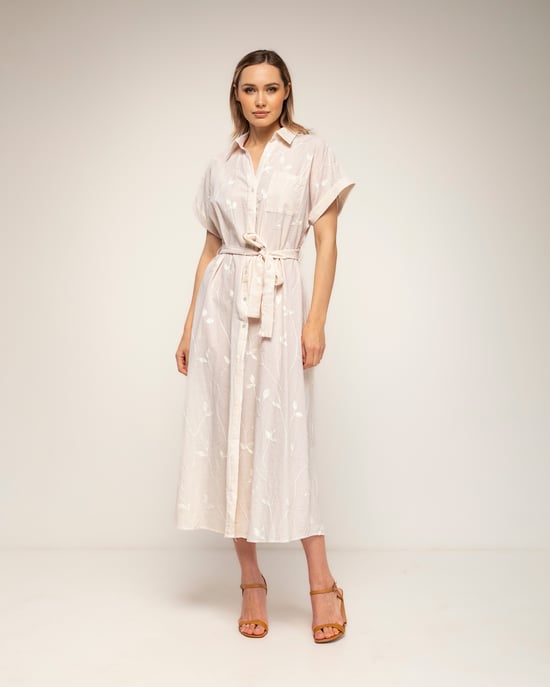 Gestreepte midi-blousejurk met borduursels en een riem - Image 2