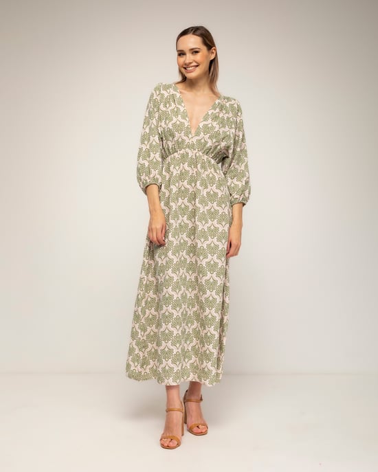Geprinte jurk met elastische taille, V-hals en V-rug en vetersluiting - Image 2