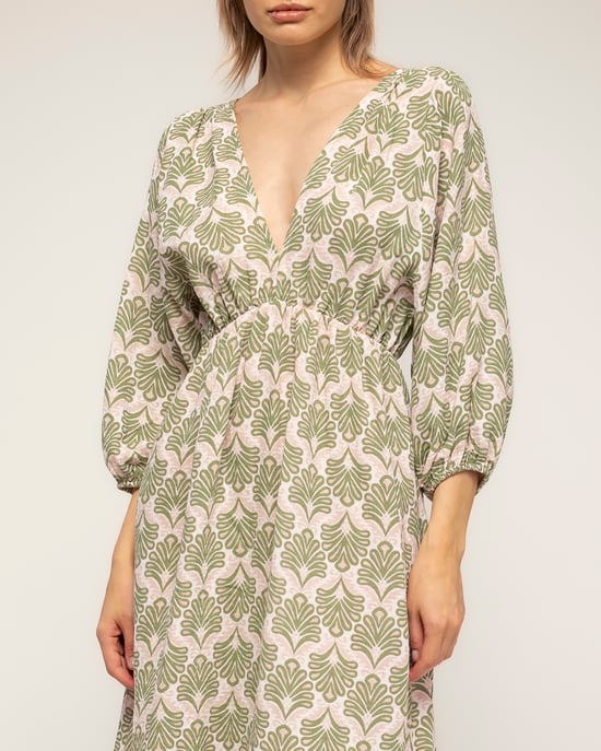 Geprinte jurk met elastische taille, V-hals en V-rug en vetersluiting - Image 4