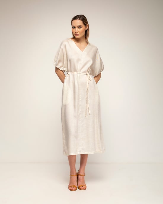 Oversized jurk met gerimpelde mouwen, V-hals en een losse ceintuur - Image 2