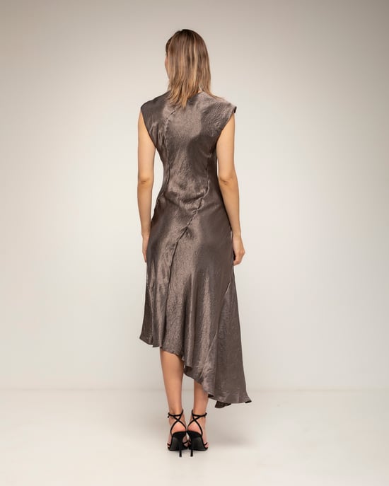 Midi-jurk met zijdetextuur, boothals en asymmetrische lengte - Image 3