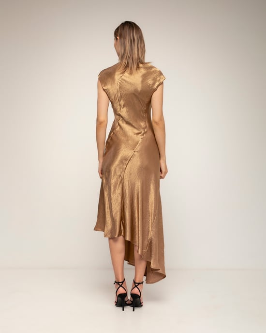Midi-jurk met zijdetextuur, boothals en asymmetrische lengte - Image 3