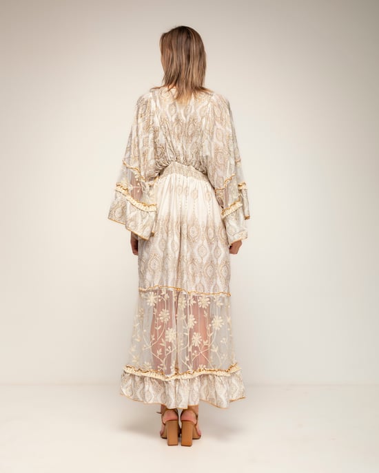 Lange blockprint-jurk met kant, borduursels en wijde mouwen - Image 3